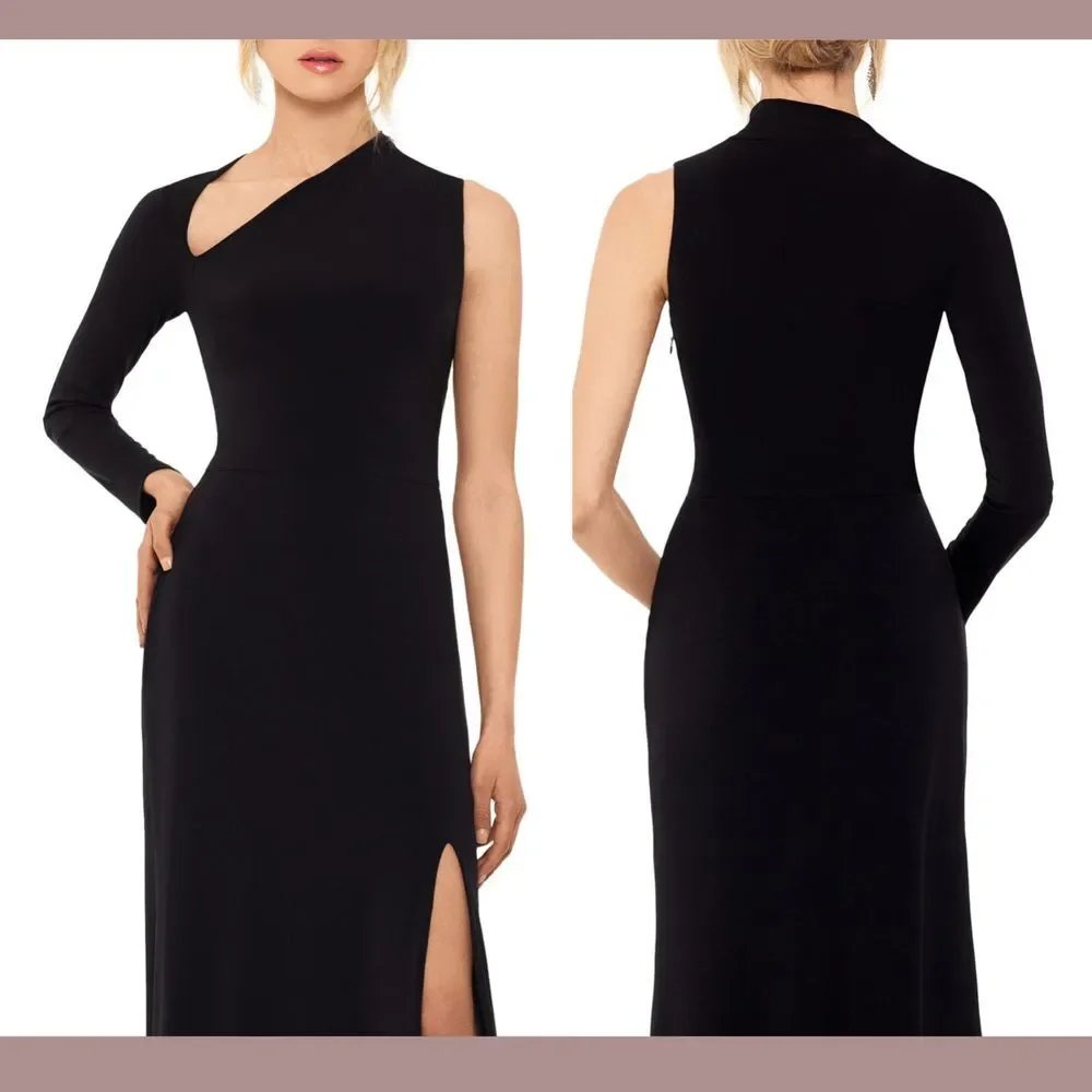 NWT $199 Betsy & Adam [ 8 ] One Shoulder Single Long Sleeve Gown‎ Black